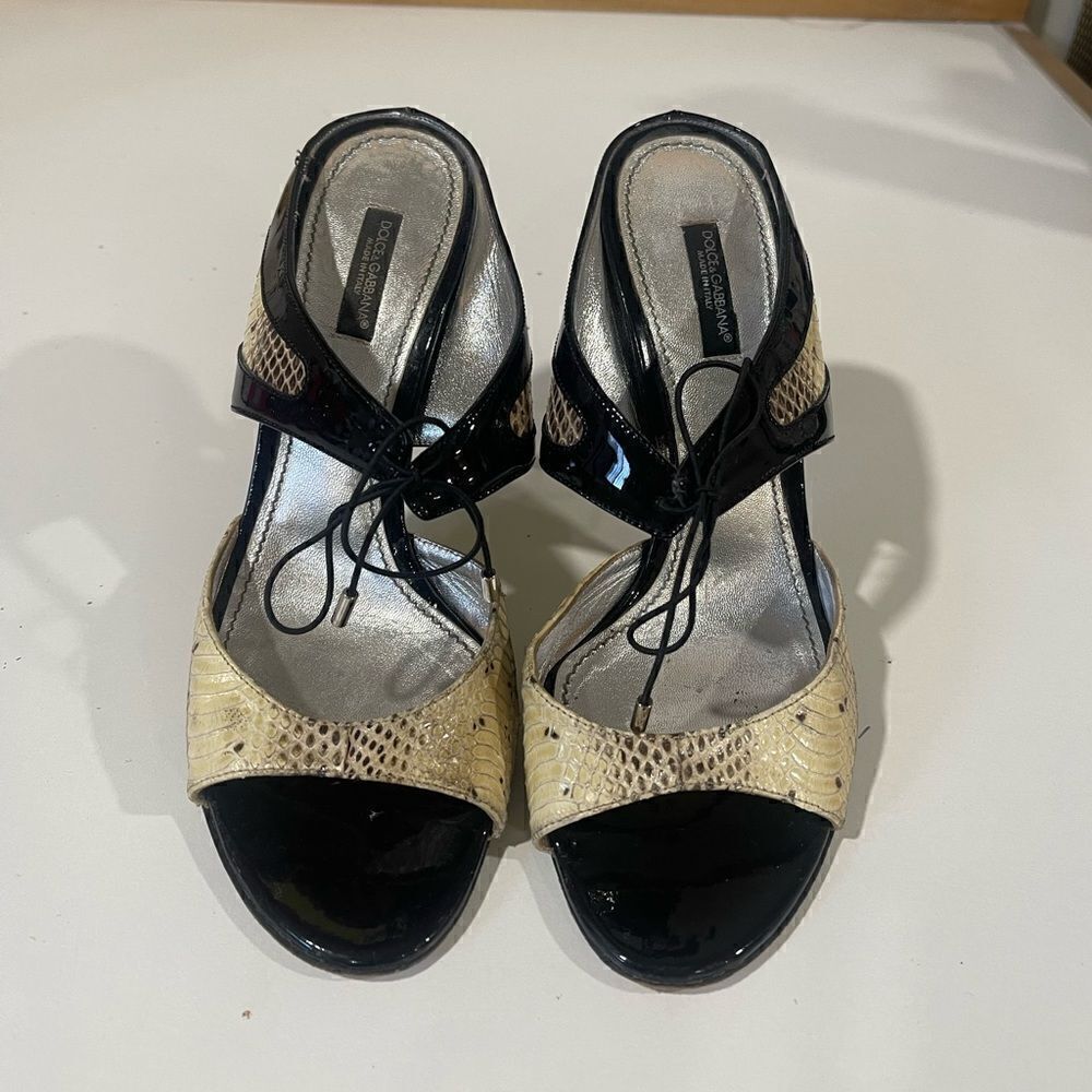 Dolce & Gabbana Snakeskin and Patent Leather Open Toe Heels